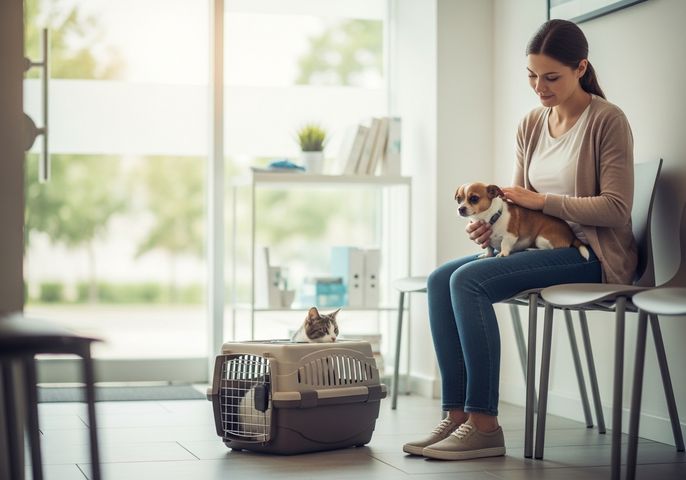 Woman with Dog and Cat at Veterinary Clinic