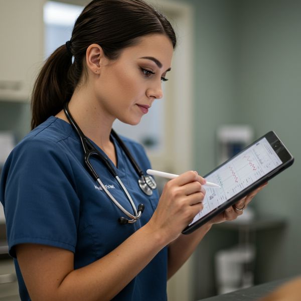 vet tech looking at blood results