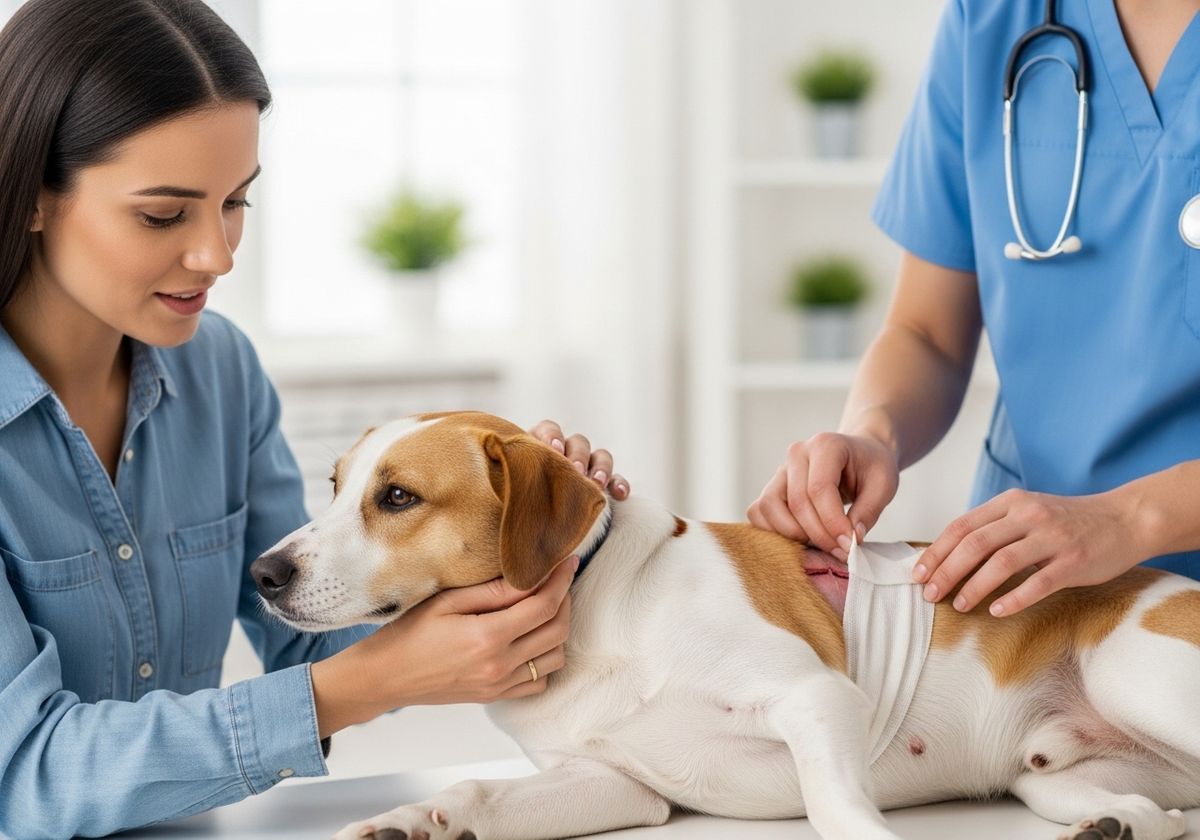 Dog receiving post-op care from owner and vet