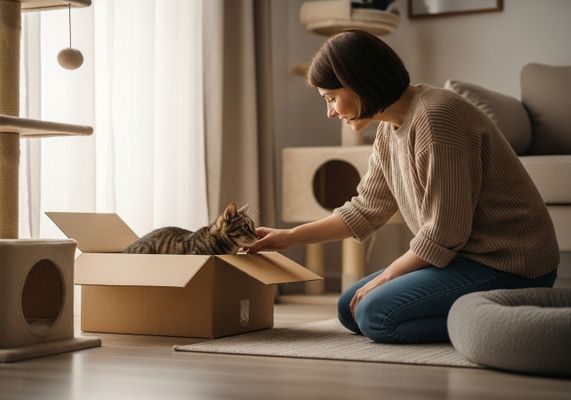 Woman petting a tabby cat in a box
