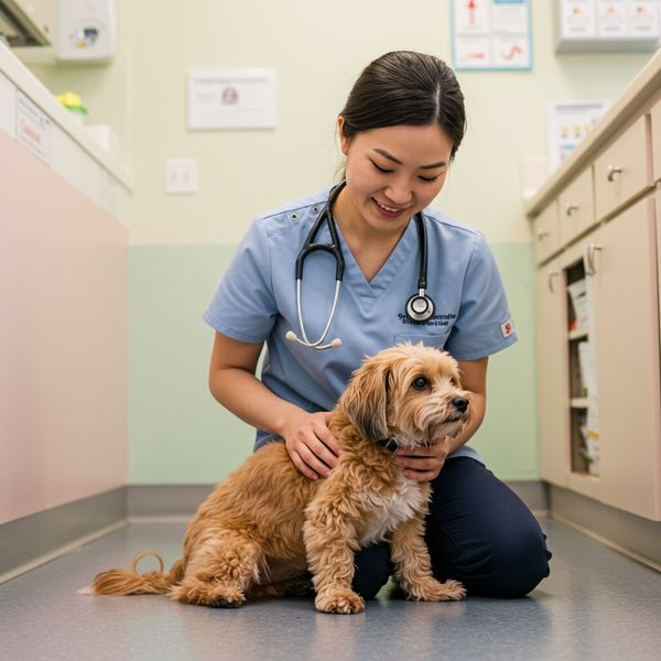 veterinarian kneels on the floor to conduct a gentle examination of a dog without using restraint.