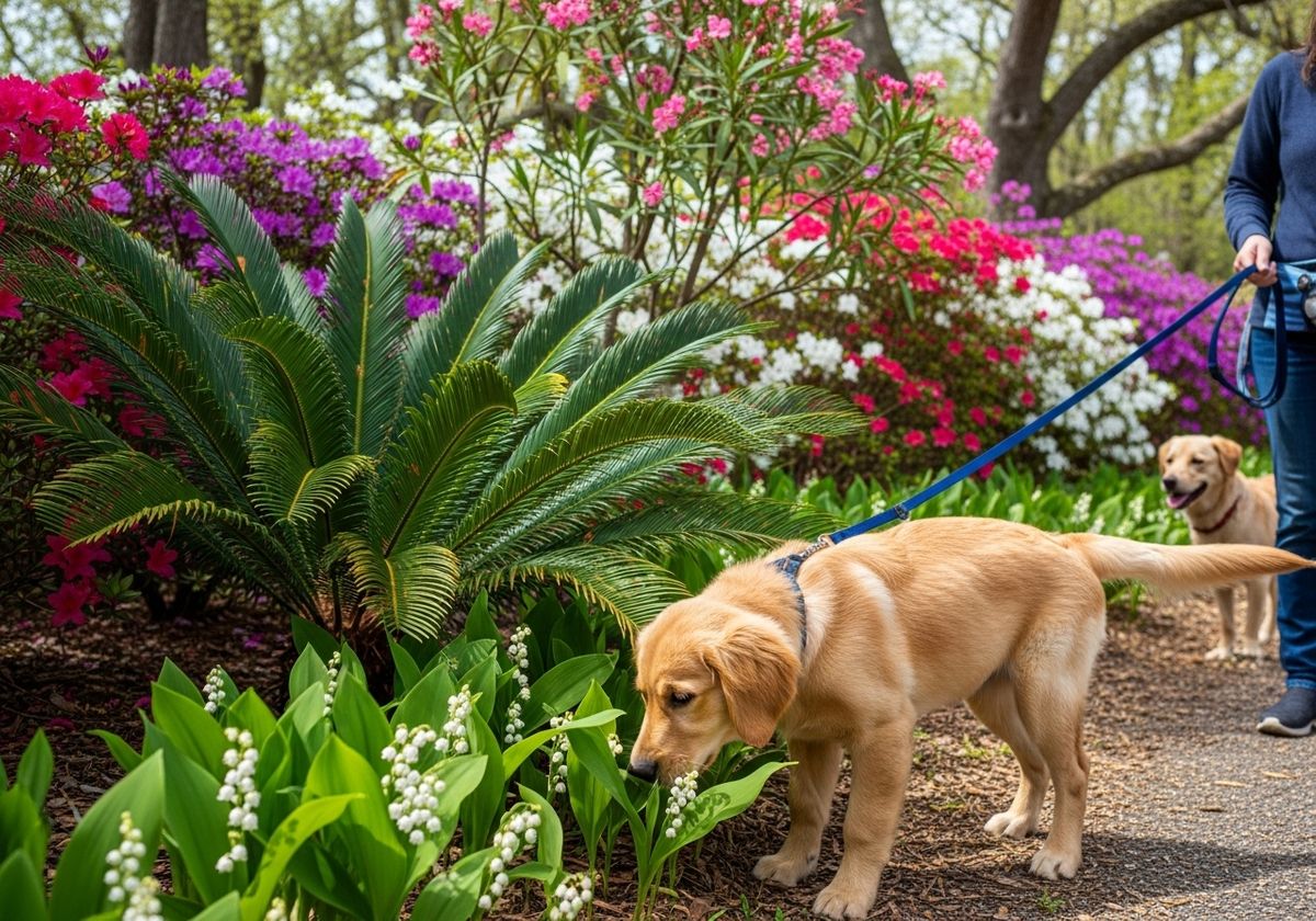 Golden Retriever Smelling Flowers in a Garden
