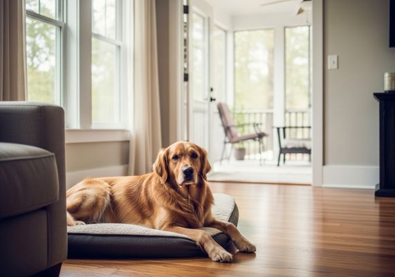 Golden Retriever Relaxing on Dog Bed