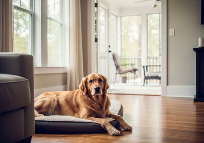 Golden Retriever Relaxing on Dog Bed