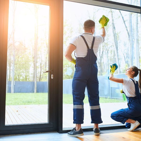 cleaning a window inside a business