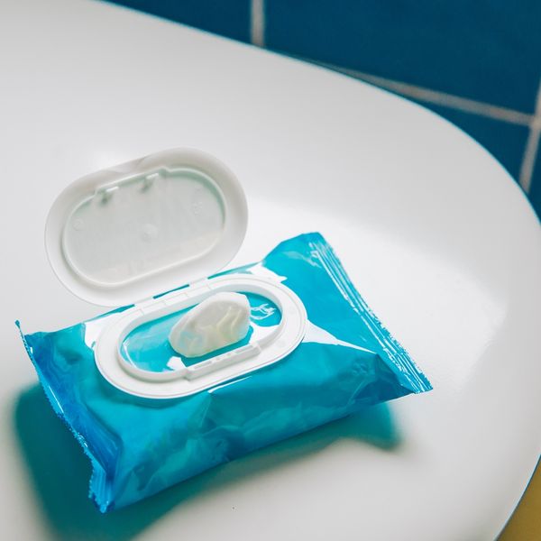 Feminine Wipes on bathroom counter