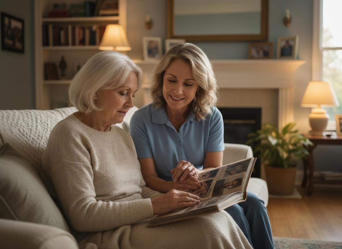 Two women, an older and a middle-aged one, sitting on a sofa and looking through a photo album.