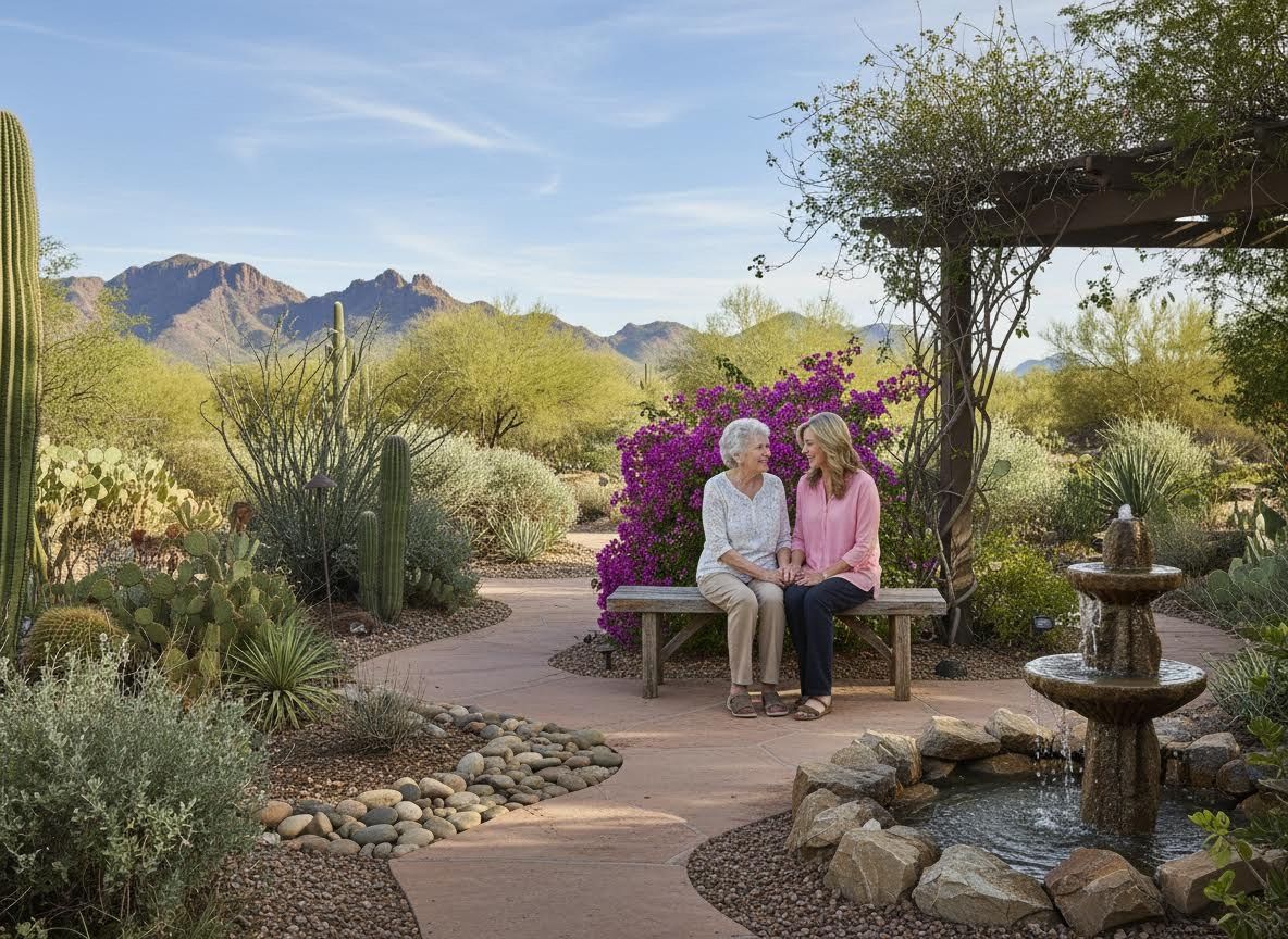Two women relaxing in a desert garden with mountains