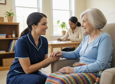A kind caregiver in blue scrubs kneels, holding the hand of an elderly woman in a light blue top and colorful blanket. Both are smiling. Compassionate caregiver interacts with smiling elderly woman