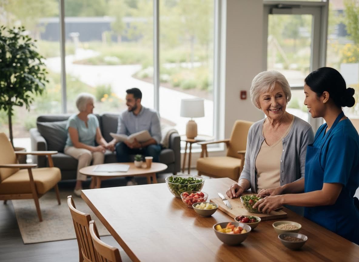 Senior woman and caregiver prepare healthy meal