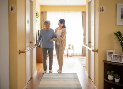 Elderly Woman Assisted by Caregiver in Hallway