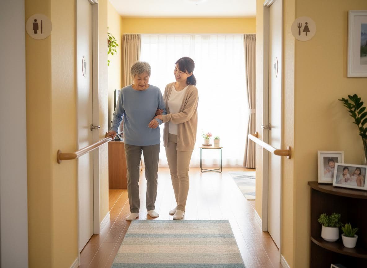 Elderly Woman Assisted by Caregiver in Hallway