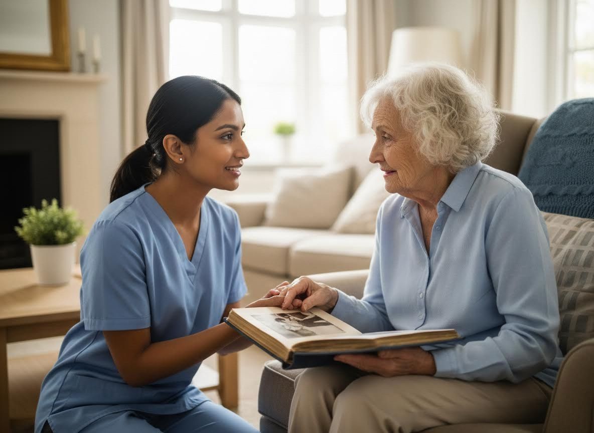 Caregiver and Senior Woman Sharing Photo Album Memories