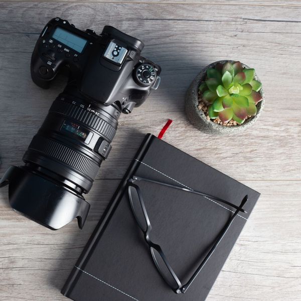 camera with notebook and plant