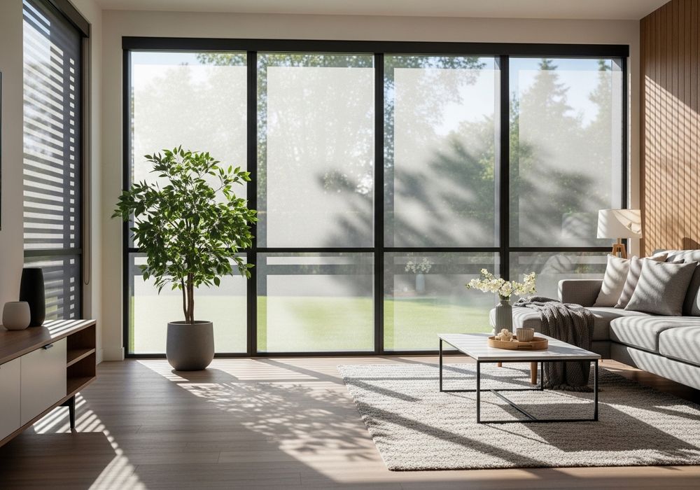 Bright Living Room with Large Windows and Stylish Decor