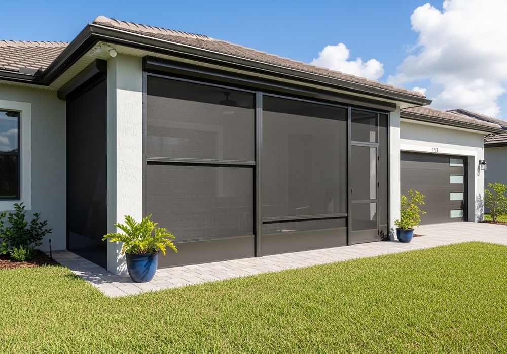 Exterior view of a modern home with a screened-in patio and a matching garage door.