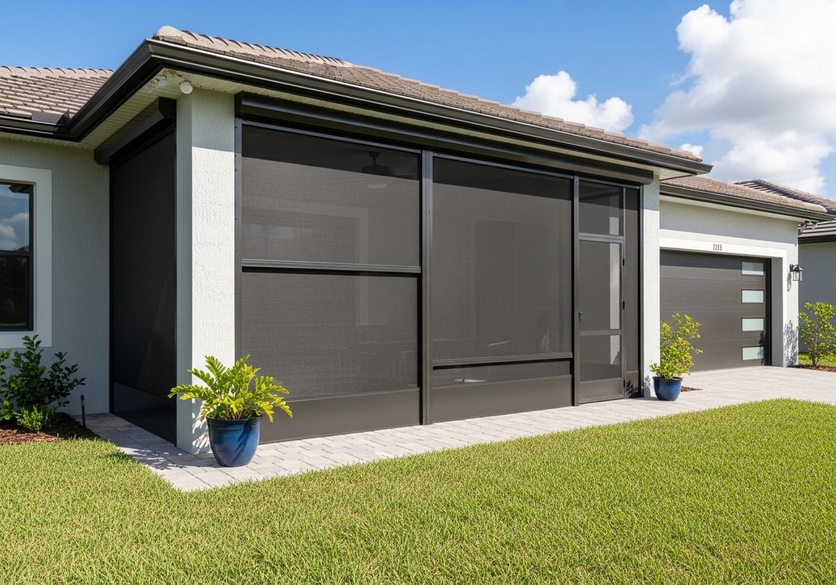 Exterior view of a modern home with a screened-in patio and a matching garage door.