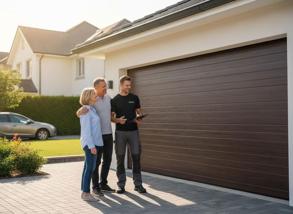 Professional Technician with Couple Discussing Garage Door