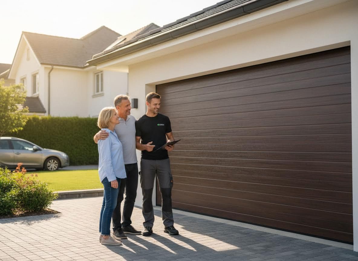 Professional Technician with Couple Discussing Garage Door
