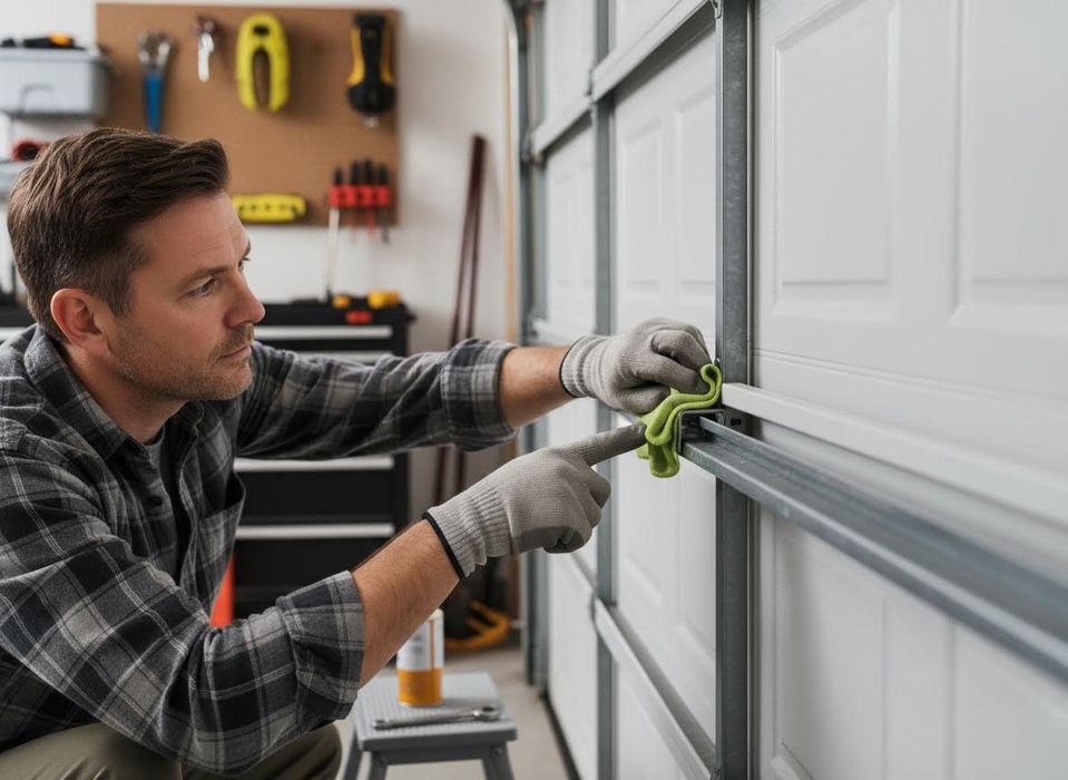 Man Cleaning Garage Door Tracks