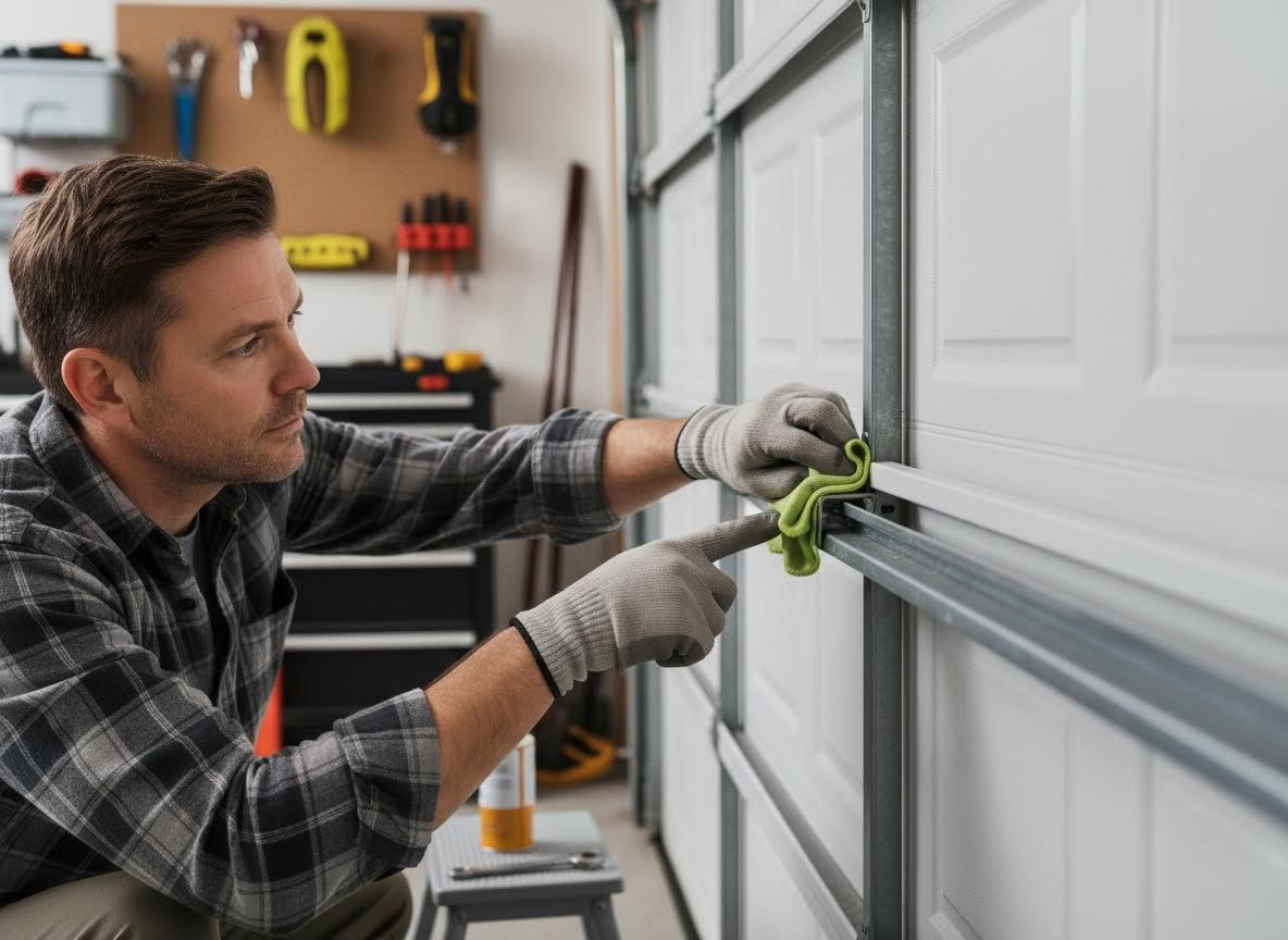 Man Cleaning Garage Door Tracks