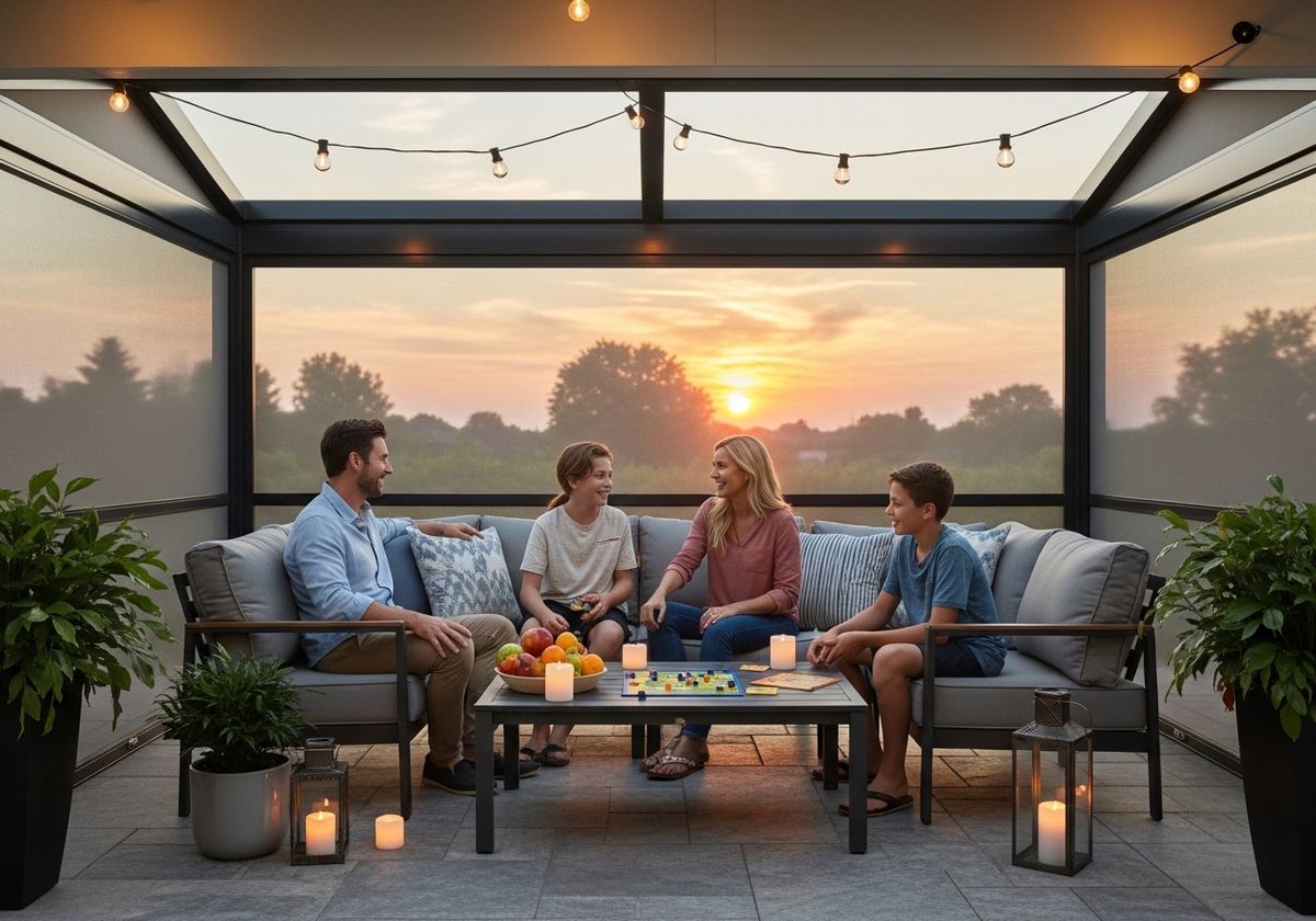 Family playing a board game on the patio at sunset