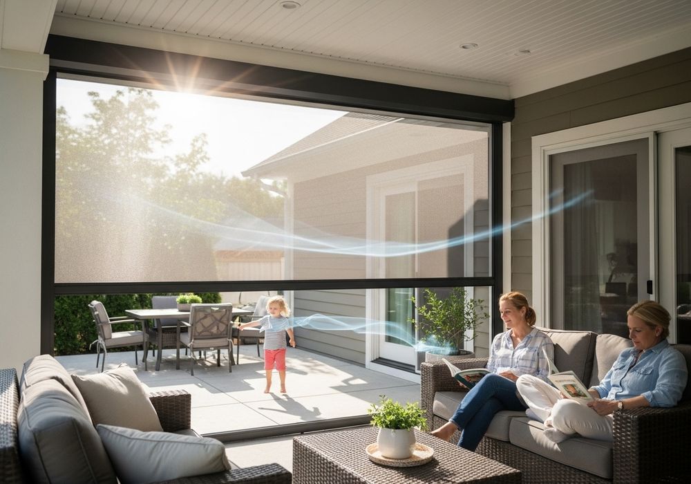 Lifestyle photo of two women relaxing on a screened-in porch while a child plays outside
