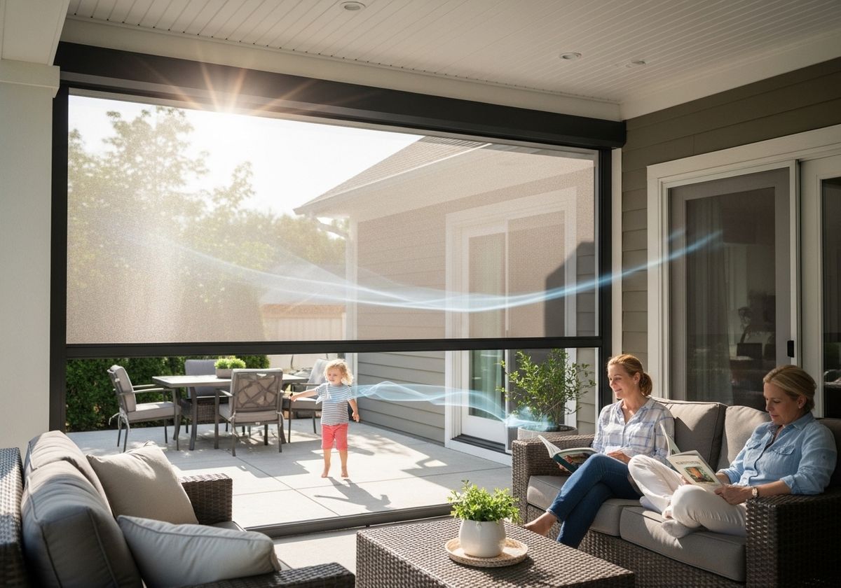 Lifestyle photo of two women relaxing on a screened-in porch while a child plays outside