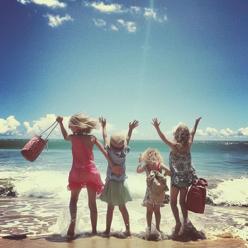 two mons with their two children together but separate on the beach Two Mons. two Kids on the beach