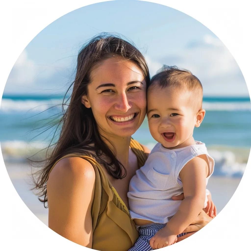 mom standing and smiling with child in her arms.jpeg