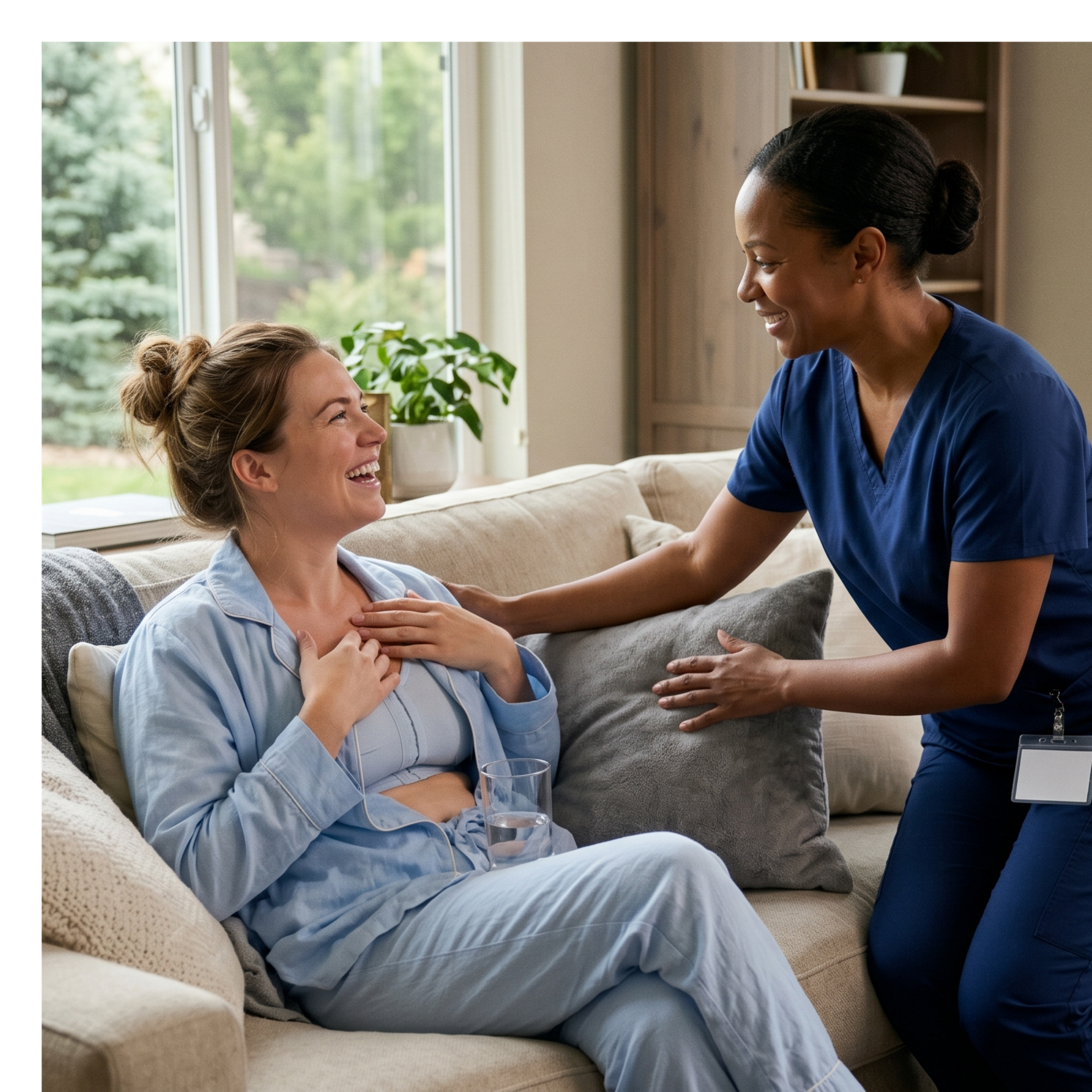 nurse assisting a female patient who is recovering from a breast lift. 