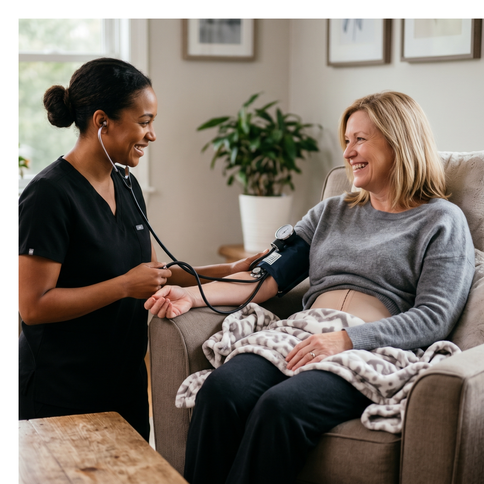 nurse helping a female patient recovering from a tummy tuck. 