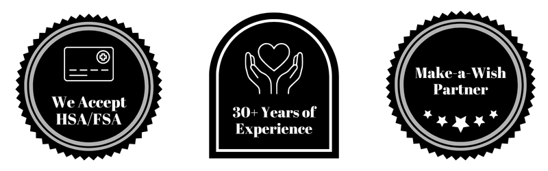 three trust badges that read "We Accept HSA/FSA," "30+ Years of Experience," "Make a Wish Partner."
