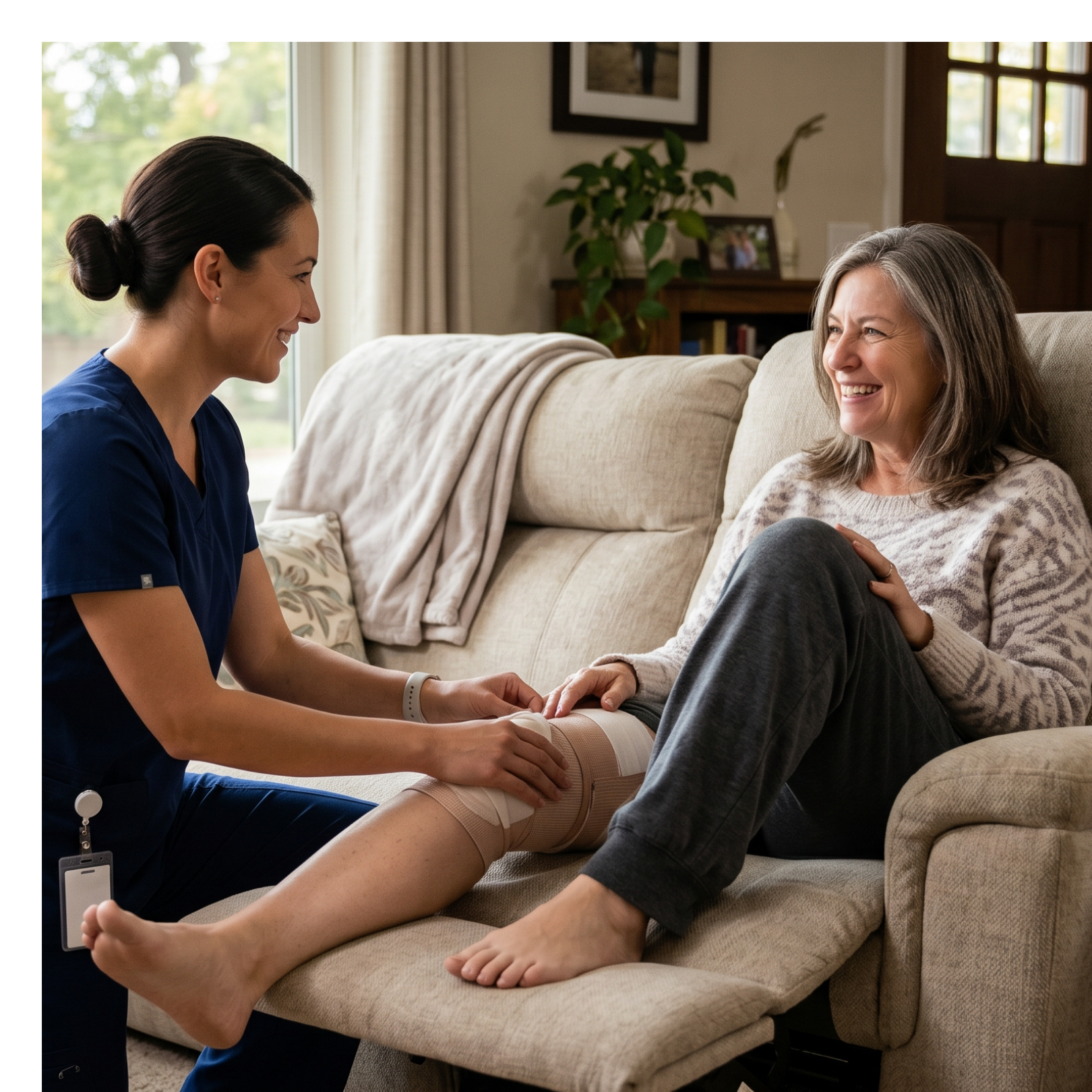 nurse assisting a female patient recovering from a thigh lift. 