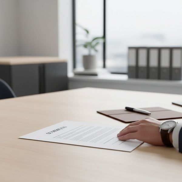 A hand placing a "SUMMONS" document on a desk, symbolizing the initiation of a lawsuit.