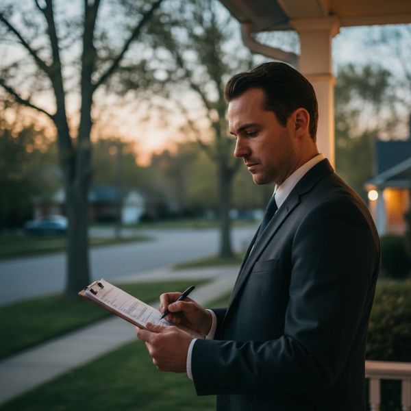 Process server in a suit diligently approaching a residential door in the evening for service attempt.