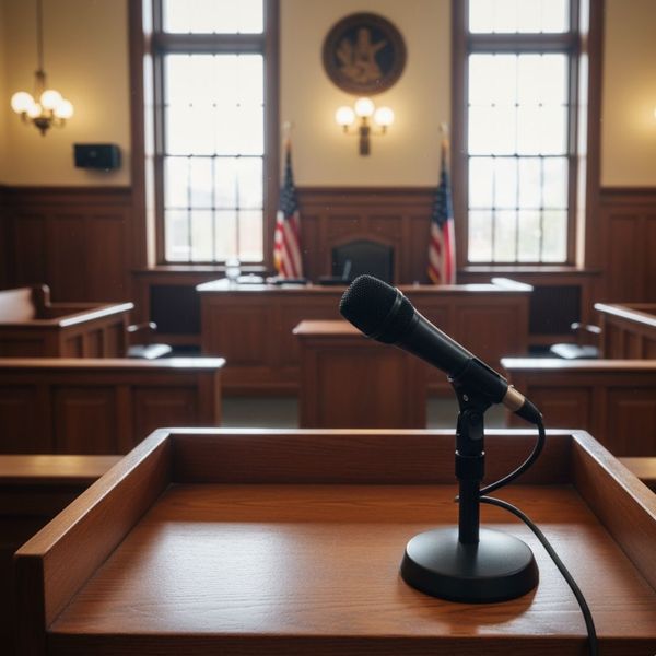 A microphone on a witness stand in a courtroom, representing compelled testimony.