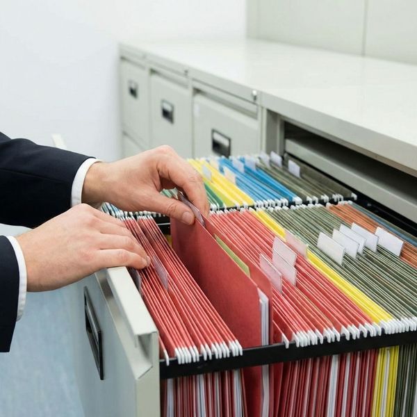 Hands organizing legal files representing court record retrieval services.