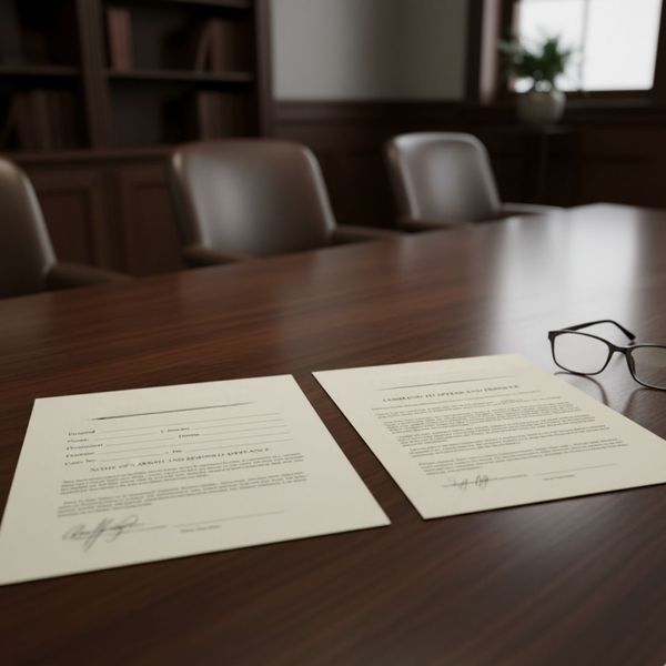 legal documents on a dark oak conference table with reading glasses