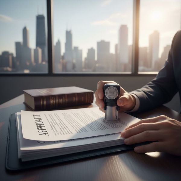 A hand stamping an affidavit document with a city view