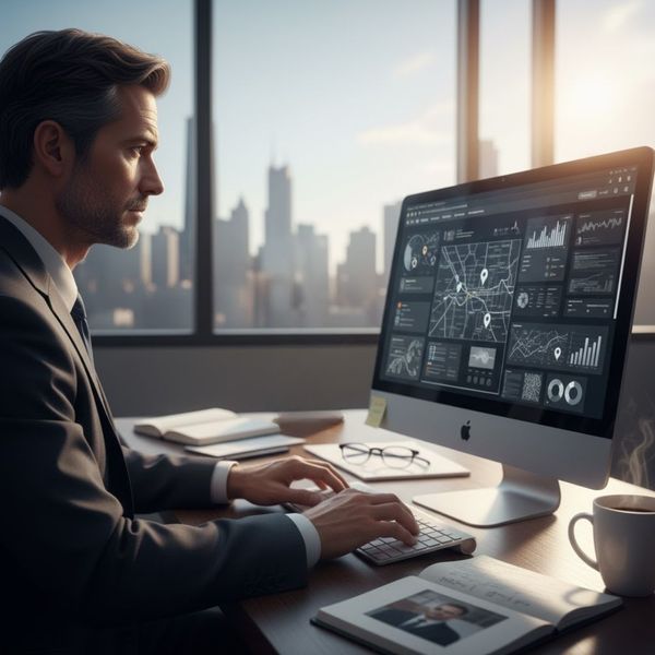 A man in a suit intensely working on a computer displaying data and maps