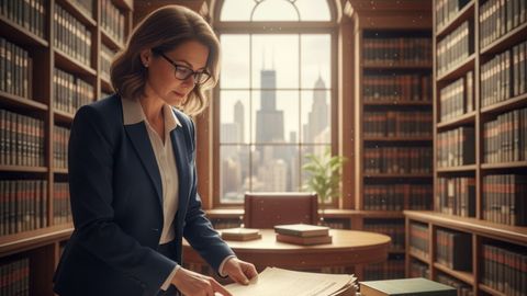 A professional woman in a library office, reviewing documents labeled "COURT RECORDS" with a city skyline visible through the window