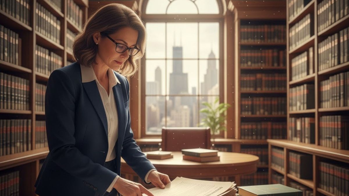 A professional woman in a library office, reviewing documents labeled "COURT RECORDS" with a city skyline visible through the window