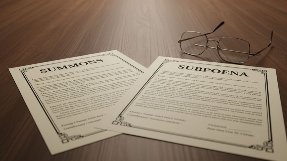 Side-by-side view of a court summons document and a subpoena document on a lawyer's desk, illustrating their distinct purposes in Illinois law.