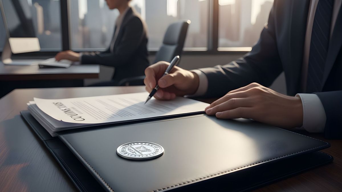 A professional signing legal documents in an office with a city skyline in the background