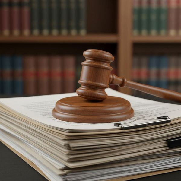 A wooden gavel resting on top of organized court documents and legal papers.