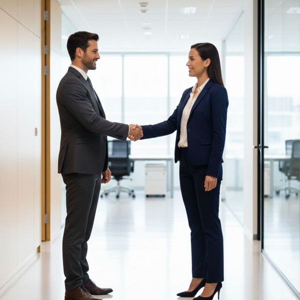 Two business professionals shaking hands in a modern, professional office environment.