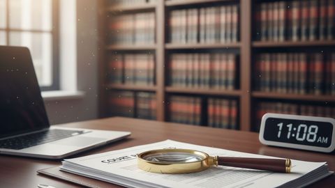 A magnifying glass resting on a legal case file in a professional law library setting.