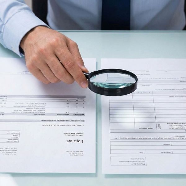 Hands comparing documents to verify information during a skip trace.