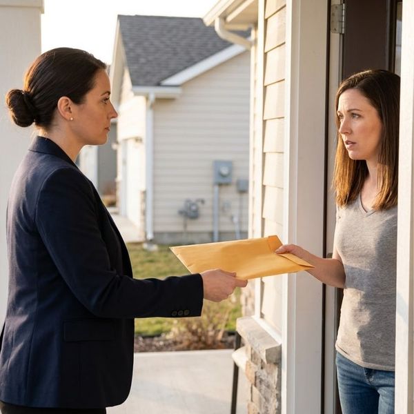 A woman being served a summons at home.